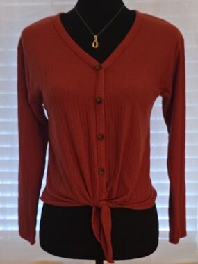 Rust Tie-Front Button V-Neck Long Sleeve Top